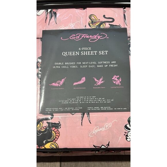 Ed Hardy 6-Piece QUEEN Bedding Sheet Set Pink Graphic Print Y2K Tiger Heart Dice - Picture 6 of 7